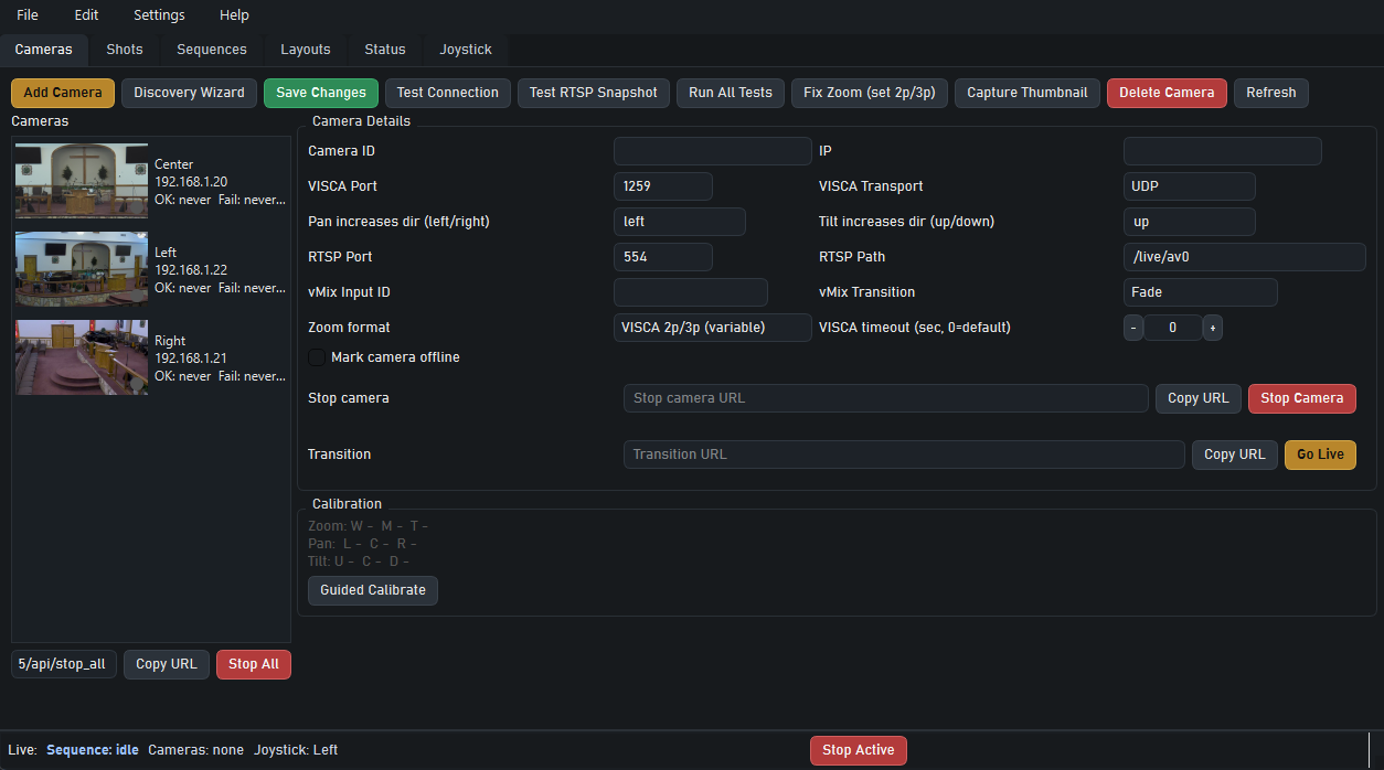 Camera management tab with PTZ device settings, RTSP options, and calibration controls.