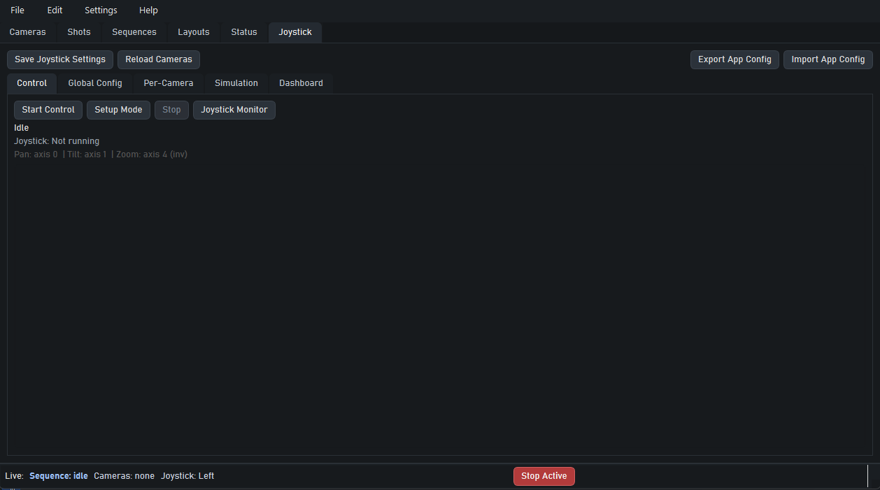 Joystick control tab showing live joystick control state.