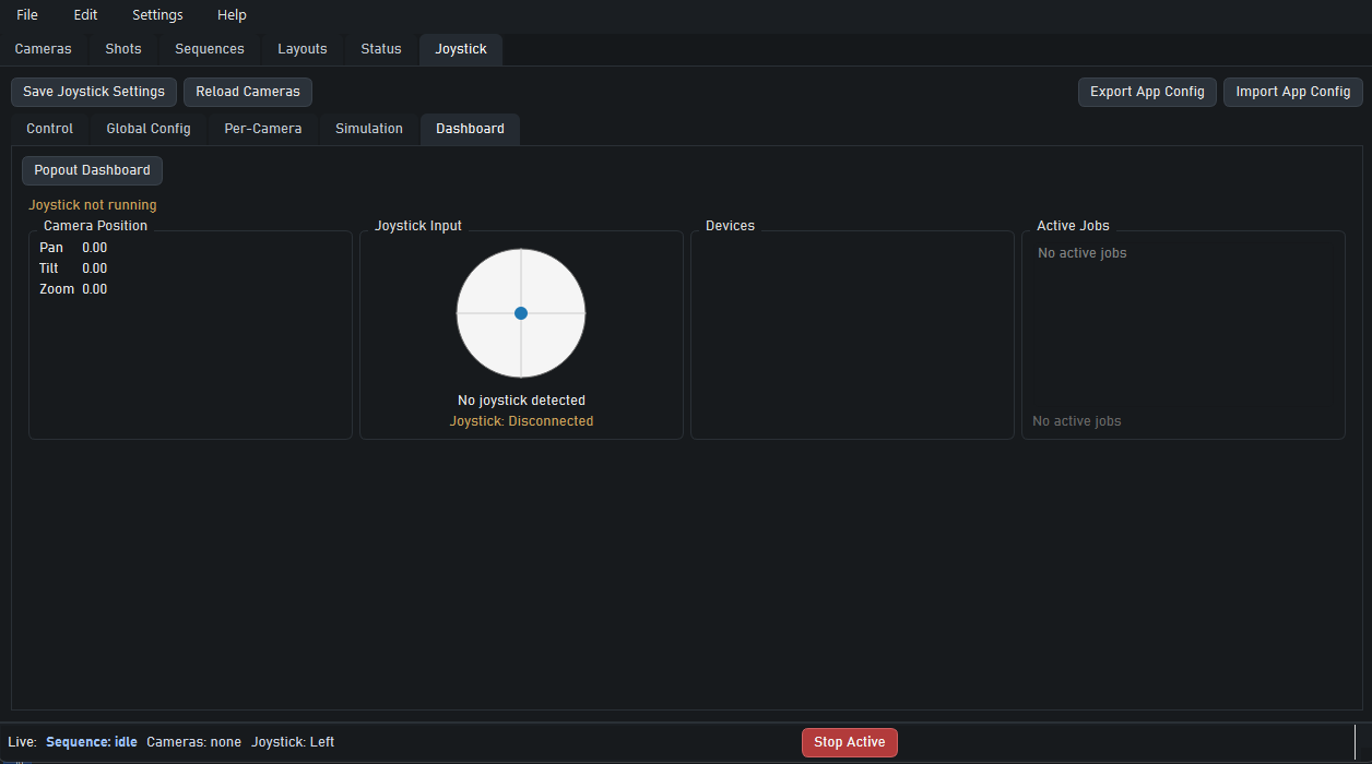Joystick dashboard tab showing joystick input and active jobs.
