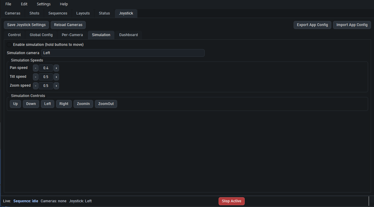 Joystick simulation tab showing software simulation controls.