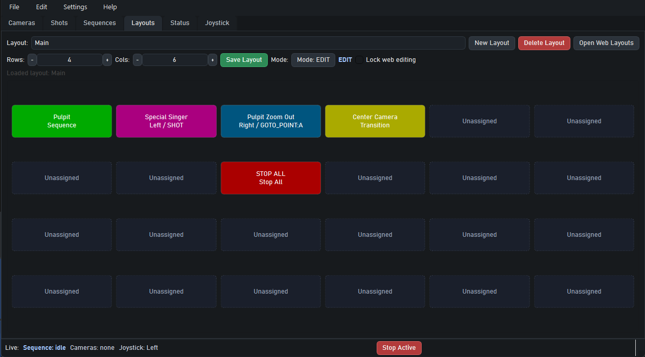 Layouts tab showing a programmable control grid for live triggers.