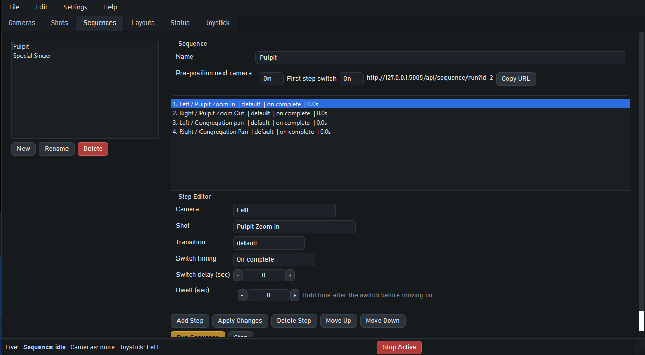 Sequences tab showing a sequence editor for multiple cameras and timed steps.