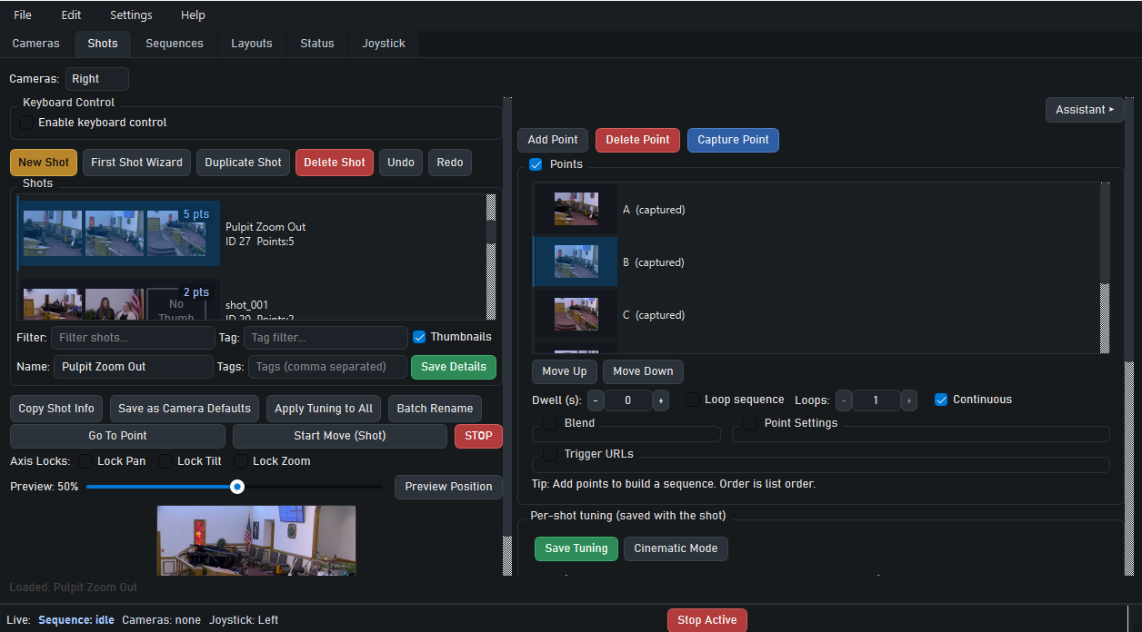 Shots tab with saved shot thumbnails, points, and move controls.